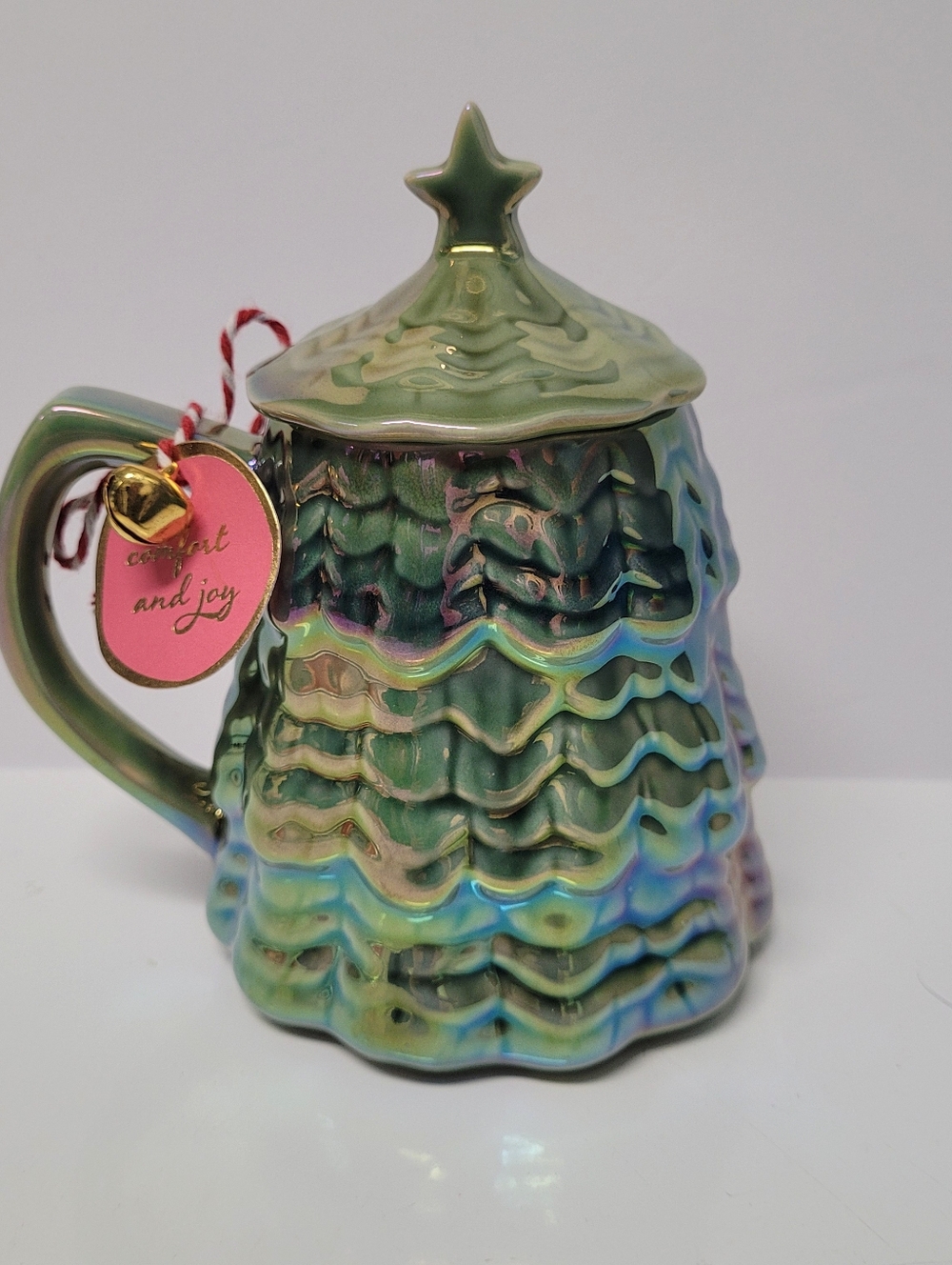 Anthropologie Green Iridescent Ceramic Christmas Tree Mug with Lid NWT